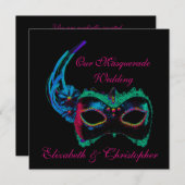 "Unsere Maskenhochzeit" - Blau und Rosa Einladung (Vorne/Hinten)