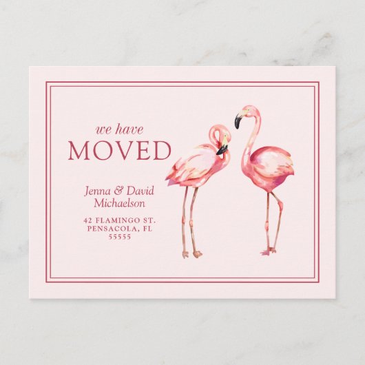 Unsere neue Adresse | Hübsch rosa Flamingos Postkarte (Vorderseite)