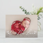 Unsere neue Liebe Skript 4 Foto Geburtsankündigung Ankündigung (Stehend Vorderseite)