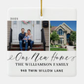 Unsere neue Zuhause Elegant Script Minimal 2 Foto Keramikornament (Rückseite)