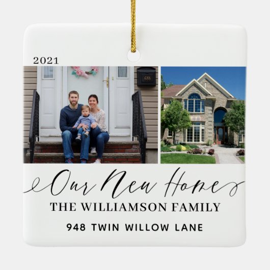 Unsere neue Zuhause Elegant Script Minimal 2 Foto Keramikornament (Rückseite)