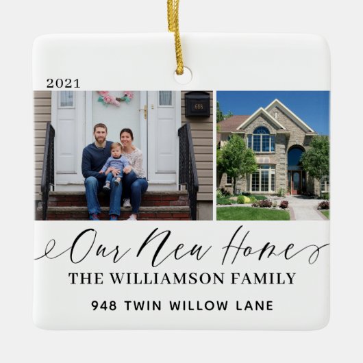 Unsere neue Zuhause Elegant Script Minimal 2 Foto Keramikornament (Vorderseite)