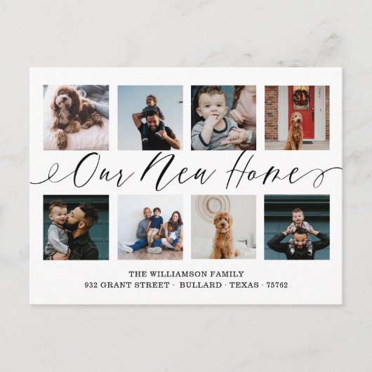 Unsere neue Zuhause Elegante Script Foto Collage M Postkarte (Vorderseite)