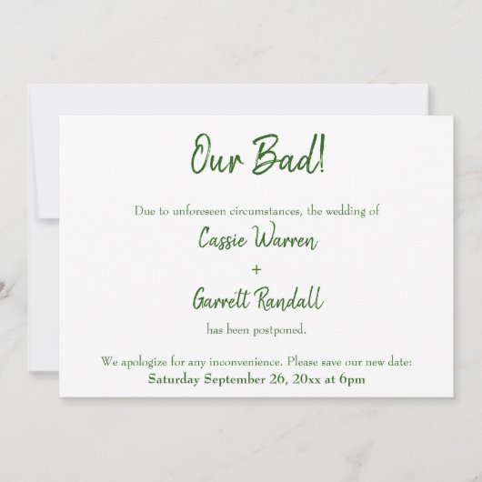 Unsere schlechte grüne Weiße vertagte Hochzeitsank Einladung (Vorderseite)