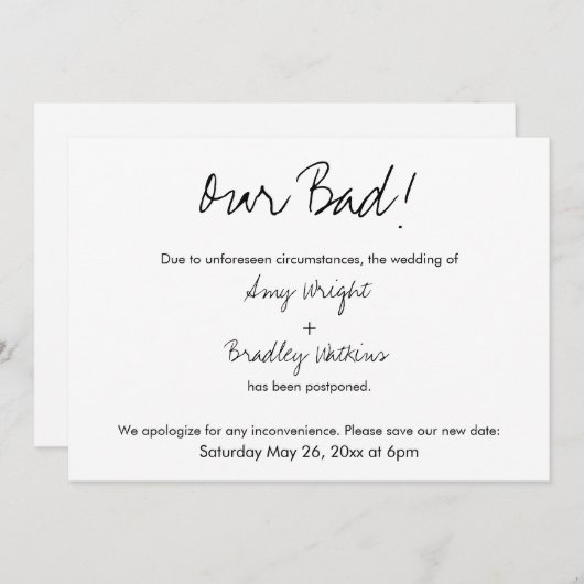 "Unsere schlechte" humorvolle, aufgeschobene Hochz Einladung (Vorne/Hinten)