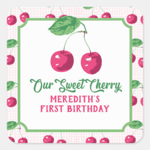 "Unsere süße Cherry" Pink & Green zum Geburtstag Quadratischer Aufkleber