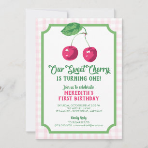 „Unsere süße Kirsche“ Rosa und grüne Geburtstagsfe Einladung