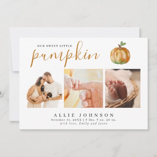 Unsere Sweet Little Pumpkin Foto Baby Ankündigung (Vorderseite)