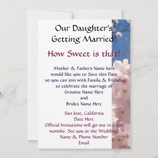 Unsere Tochter wird heiraten! Save the Date Einladung (Rückseite)