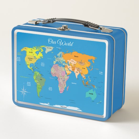 Unsere "World Map Metal Lunch Box" Metall Brotdose (Vorderseite)