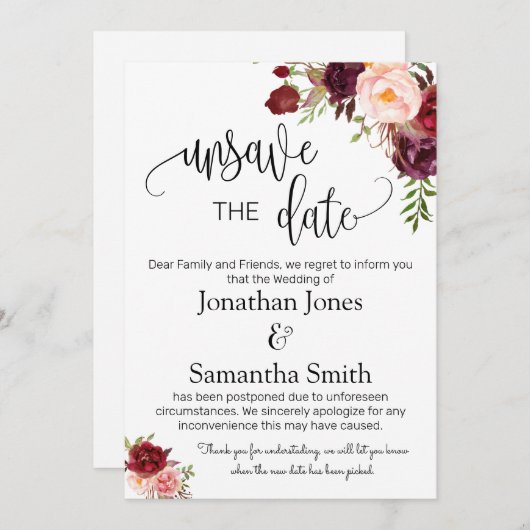 Unspeichern Sie die Daten Hochzeit Datum ändern ma Einladung (Vorne/Hinten)