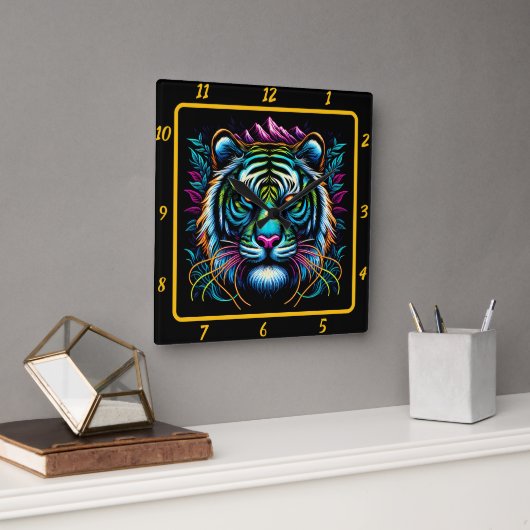 Untamed Neon Tiger Masterpiece Quadratische Wanduhr (Büro)