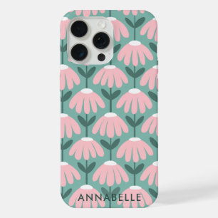 Unten Monogramm Name Pink Grün Vintage Blumenmuste iPhone 15 Pro Max Hülle