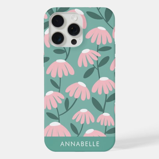 Unten Monogramm Name Rosa und Grünes Blumenmuster iPhone Hülle (Rückseite)