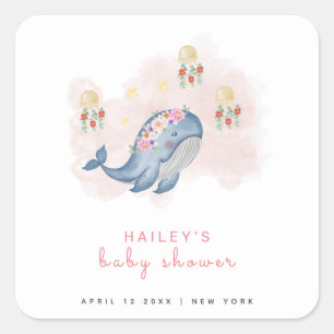Unter dem Bild Sweet Whale Floral Baby Shower Quadratischer Aufkleber