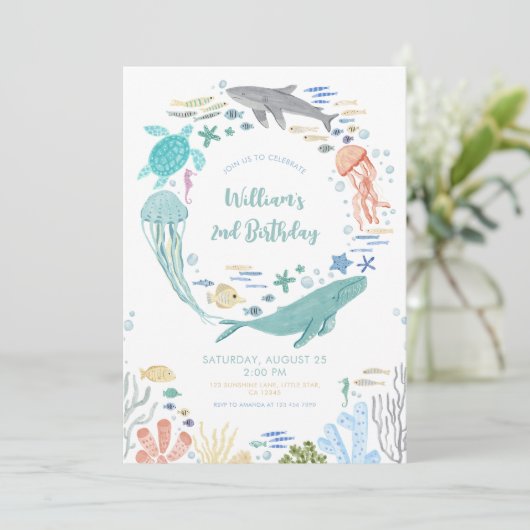 Unter dem Meer 2. Geburtstag Einladung (Stehend Vorderseite)