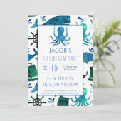 Unter dem Meer Aquarell Kinder Octopus Geburtstag Einladung (Stehend Vorderseite)