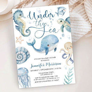 Unter dem Meer Baby Shower Blau Junge Wasserfarben Einladung