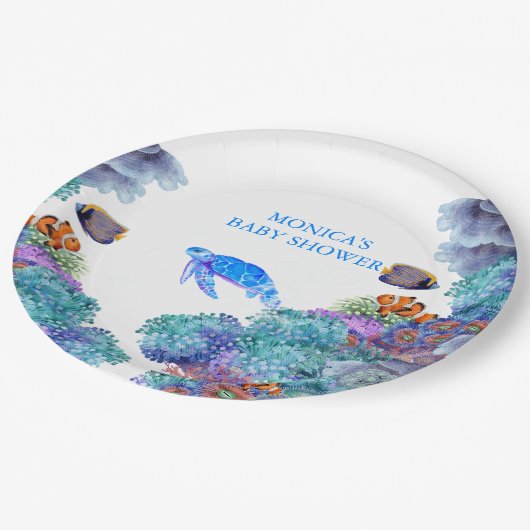 Unter dem Meer Babydusche Nautic Ocean Pappteller (Schrägansicht)