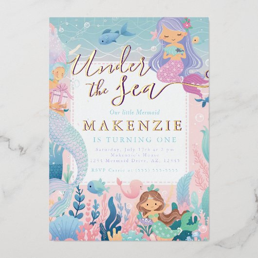 Unter dem Meer Birthday Meerjungfrau Folieneinladung (Vorderseite)
