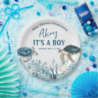 Unter dem Meer Blau Ahoy Es ist ein Junge Baby Sho Pappteller