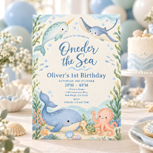 Unter dem Meer Blau Aquarell 1. Geburtstag Einladung