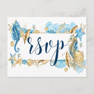 Unter dem Meer Blau Gold Weiße Sommerhochzeit RSVP Einladungspostkarte