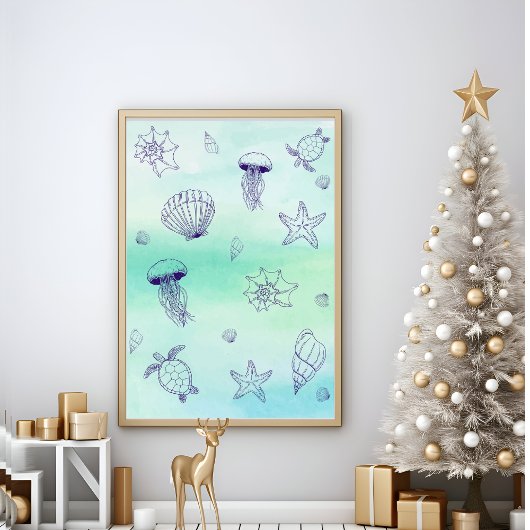 Unter dem Meer Blaue Meeresschildkröte-Linie Kunst Poster