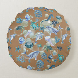 Unter dem Meer Blaue Wasserfarbe auf braun | Rundes Kissen