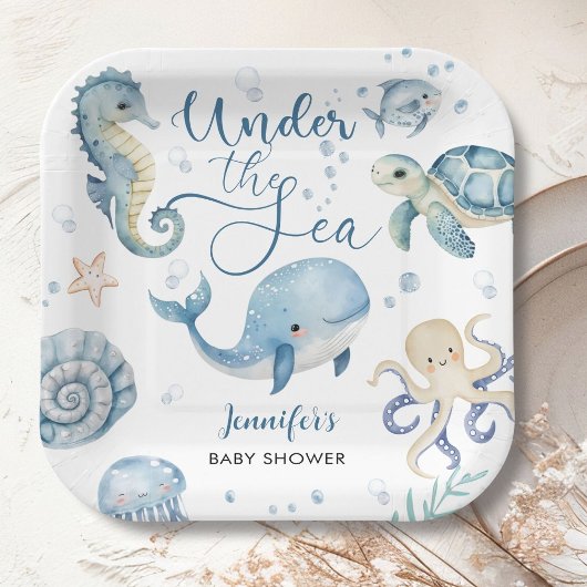 Unter dem Meer Blue Boy Watercolor Baby Shower Pappteller