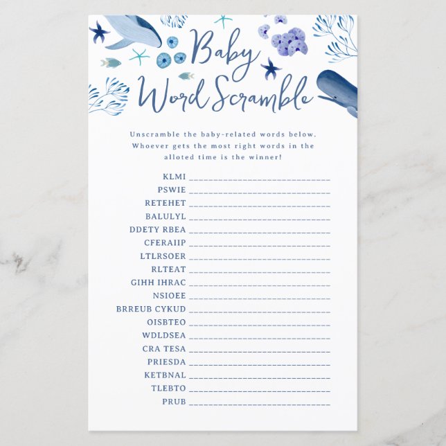 Unter dem Meer Blue Boy Whale Baby Word Scramble (Vorderseite)