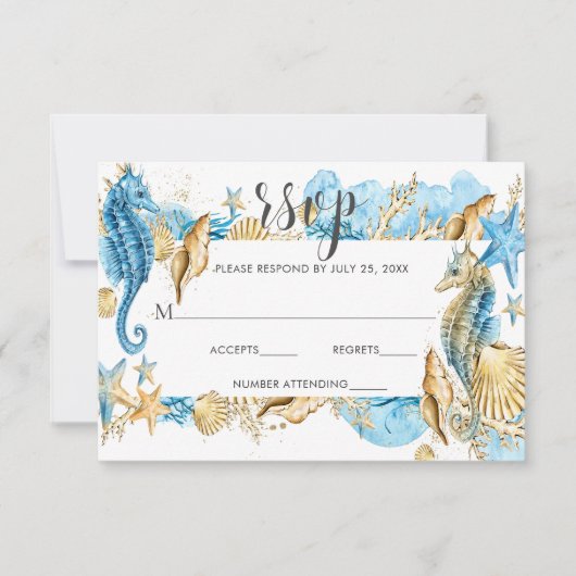 Unter dem Meer Blue Gold White Summer Wedding RSVP (Vorderseite)