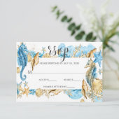 Unter dem Meer Blue Gold White Summer Wedding RSVP (Stehend Vorderseite)