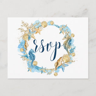 Unter dem Meer Blue Gold White Summer Wedding RSVP Einladungspostkarte