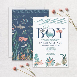 Unter dem Meer Blue Watercolor Oh Boy Baby Shower Einladung