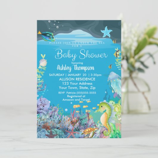 Unter dem Meer Boys Babydusche Einladung (Stehend Vorderseite)