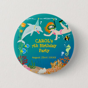 Unter dem Meer Delfine und Mädchen Geburtstagspart Button