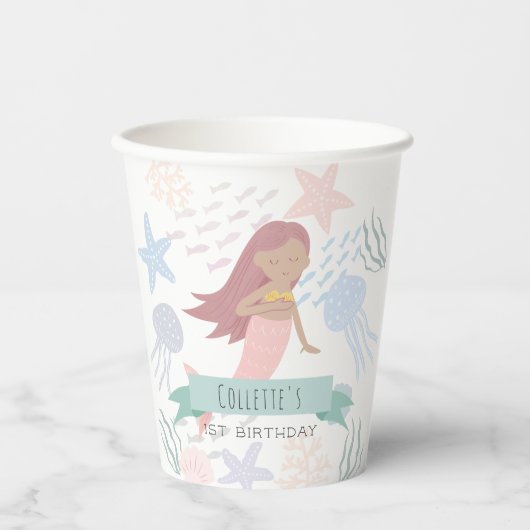 Unter dem Meer dunkle Haut Meerjungfrau Weißer Geb Pappbecher (Vorderseite)