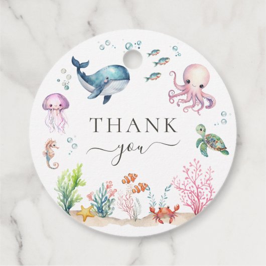 Unter dem Meer farbenfrohe Meerestiere Babydusche Geschenkanhänger (Rückseite)