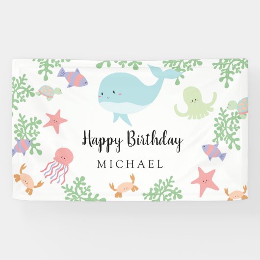 Unter dem Meer Geburtstag Niedliches Kawaii Pastel Banner (Horizontal)