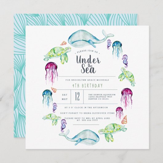 Unter dem Meer Geburtstag | Ocean Critter Wasserfa Einladung (Vorne/Hinten)