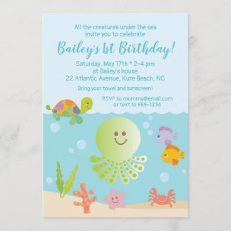 Unter dem Meer Geburtstagseinladung in Blau und Gr Einladung