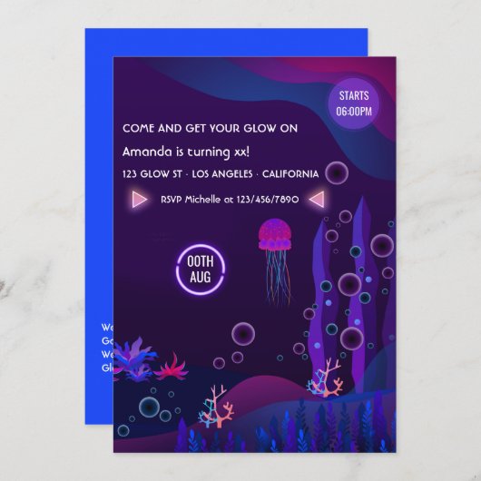 Unter dem Meer Glow Geburtstagsparty Einladung (Vorne/Hinten)