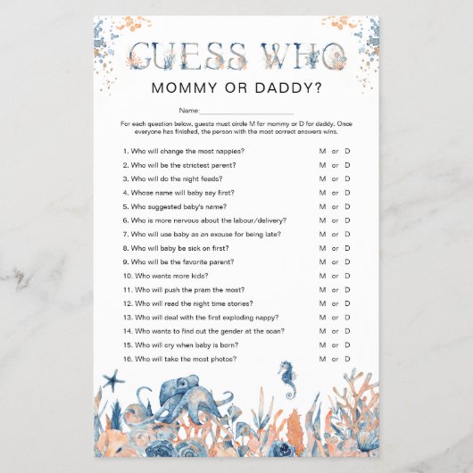 Unter dem Meer "Guess Who" Baby Shower Game Flyer (Vorne)