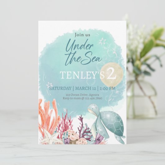 Unter dem Meer, JEDES ALTER, essbar, Splash Einladung (Stehend Vorderseite)