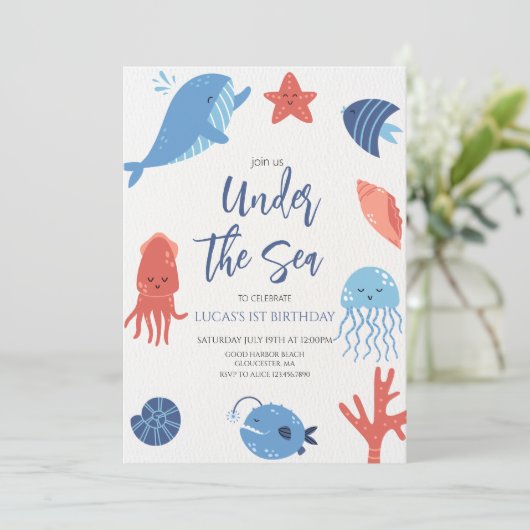 Unter dem Meer Junge Geburtstag Einladung (Stehend Vorderseite)