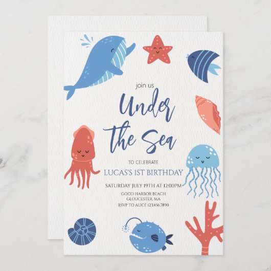 Unter dem Meer Junge Geburtstag Einladung (Vorne/Hinten)