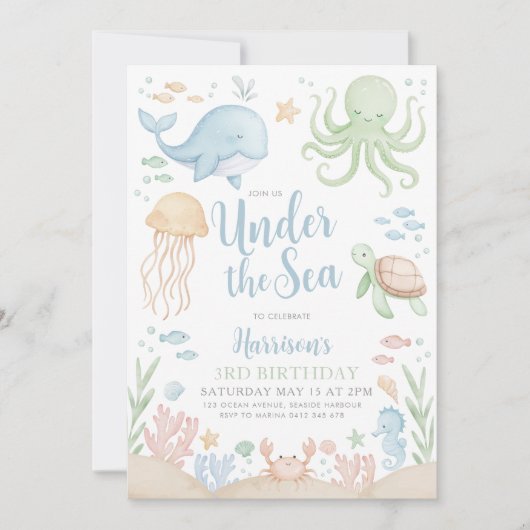 Unter dem Meer Junge Geburtstag Einladung (Vorderseite)