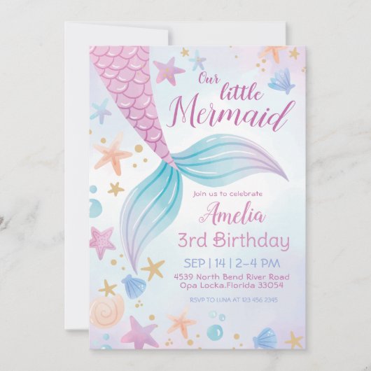 Unter dem Meer Lila Aquamarine Meerjungfrau Geburt Einladung (Vorderseite)