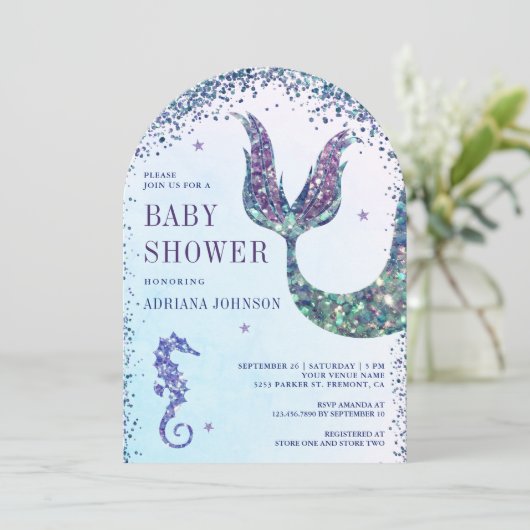 Unter dem Meer Lila Mermaid Arch Baby Dusche Einladung (Stehend Vorderseite)